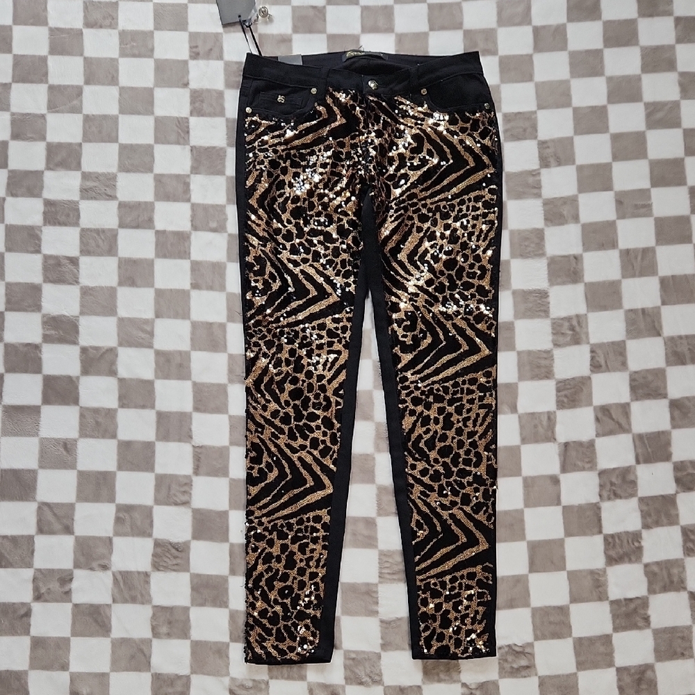 Sparkle jeans Leopard Sequin Skinny trouser pants black gold cheetah